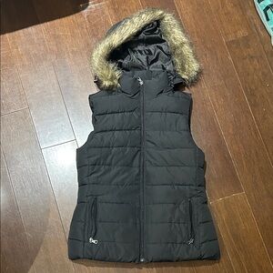 Black Puffer Vest with Faux Fur Hood